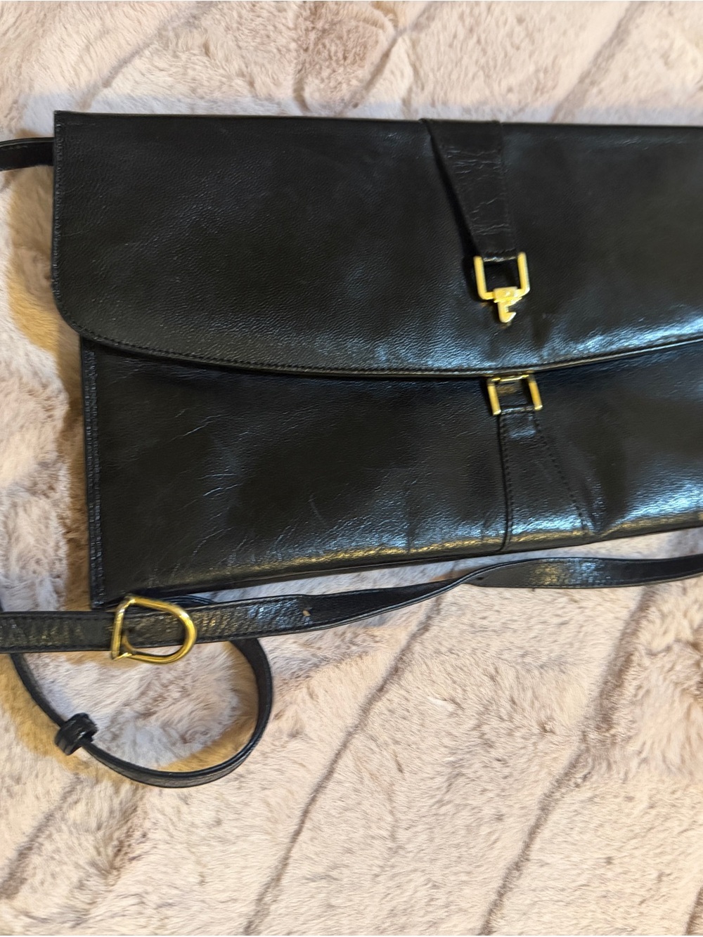 Vintage Givenchy Black Leather Strap Handbag with Gold-Tone Buckle Accent